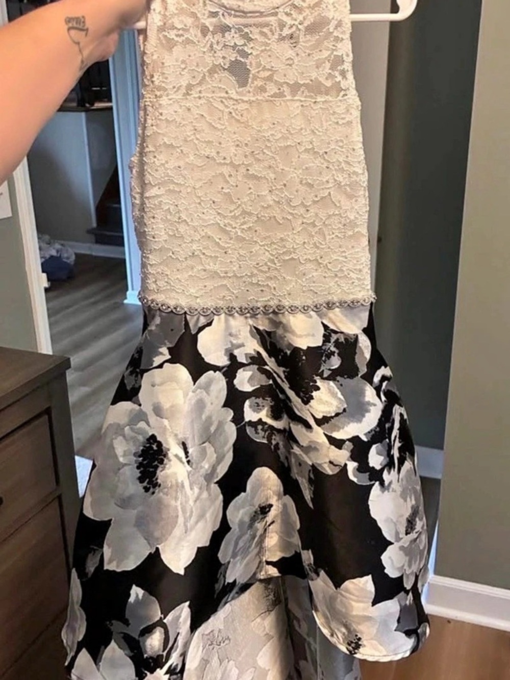 Jodi Kristopher Black and White Floral Lace Halter High-Low Dress Black & White